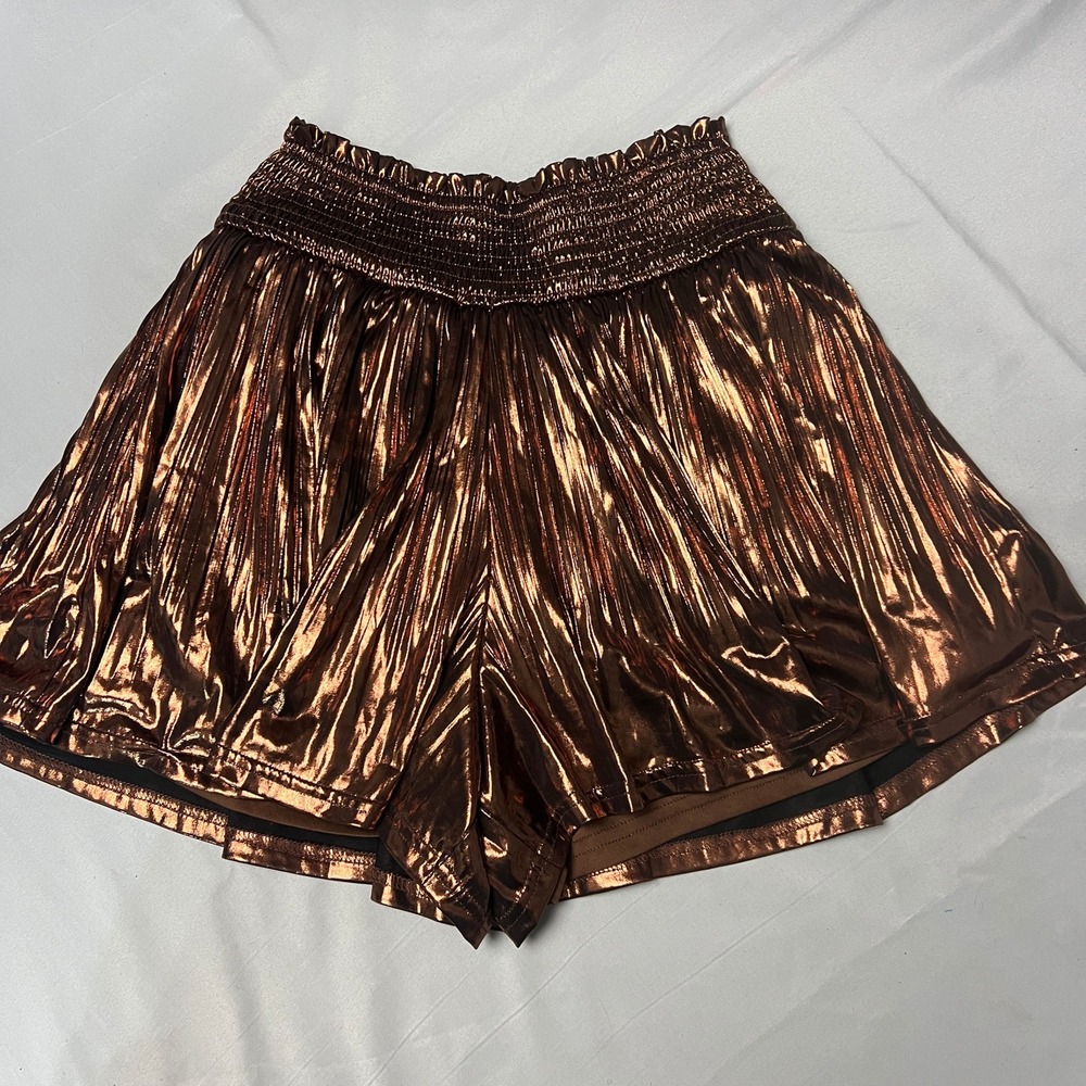 Glam‎ Metallic Bronze Lined Shorts Smocked Waist Pleated Party Shiny Size Small